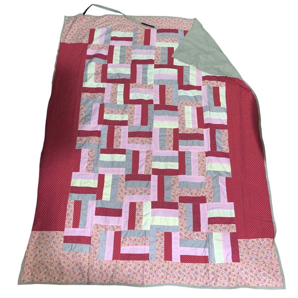 Handmade Patchwork Quilt Red Pink Floral Geometric 57x75 Cottagecore